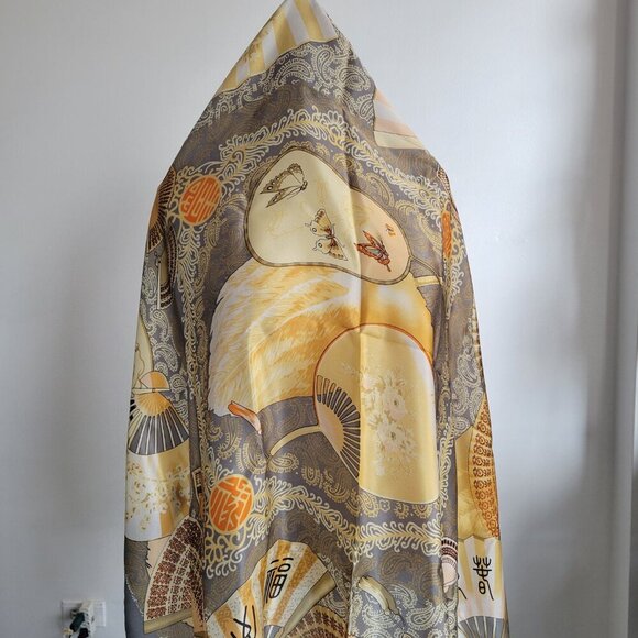 Vintage Huali 100% Silk Asian Fan Design Ladies Scarf - Picture 3 of 15